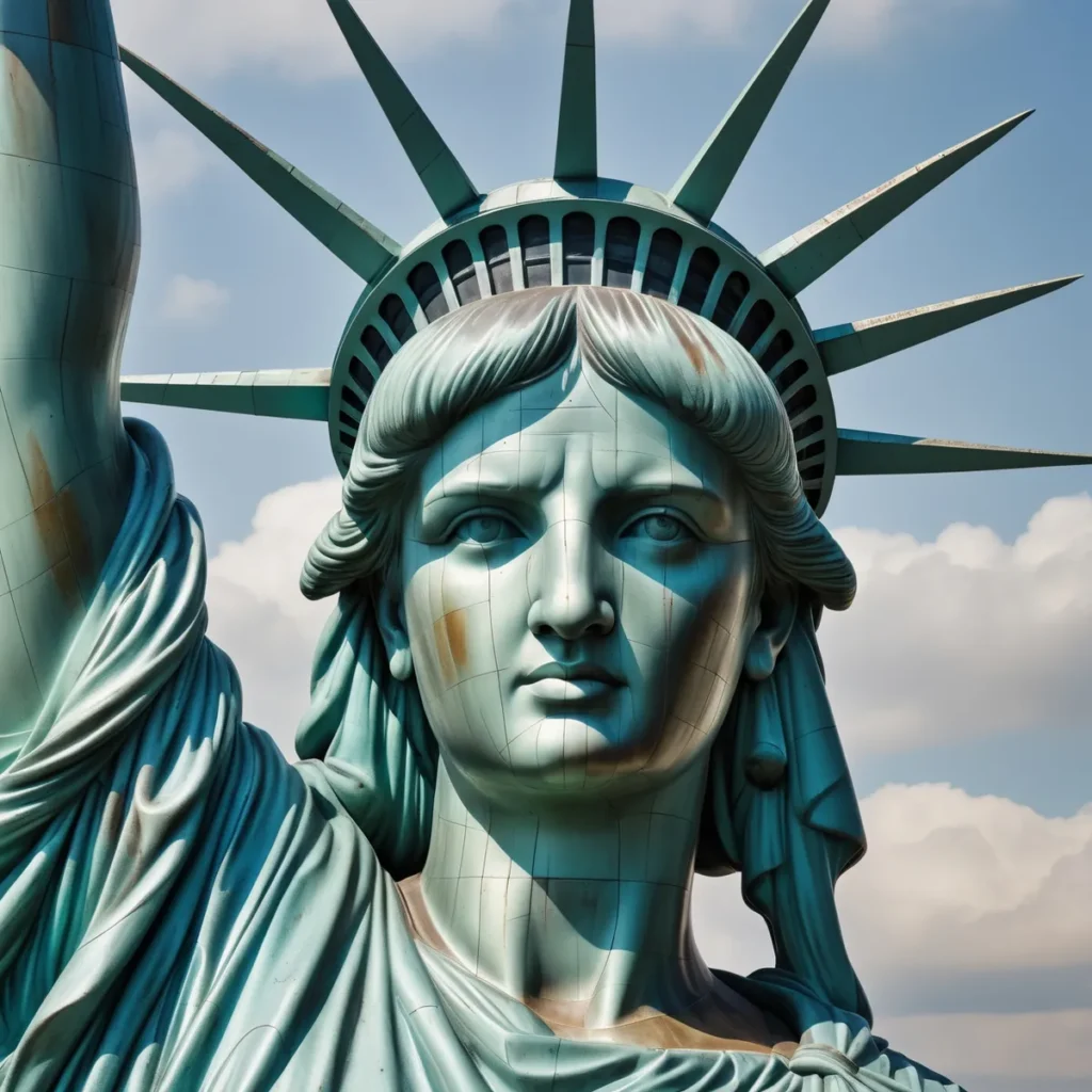 Close-up view of the Statue of Liberty's face and upper part, featuring its detailed craftsmanship, created using Stable Diffusion.