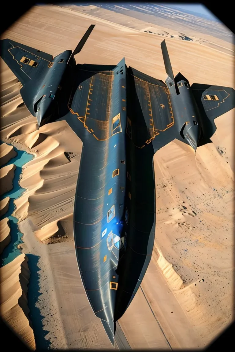Futuristic stealth aircraft flying over desert terrain, AI generated image using Stable Diffusion.