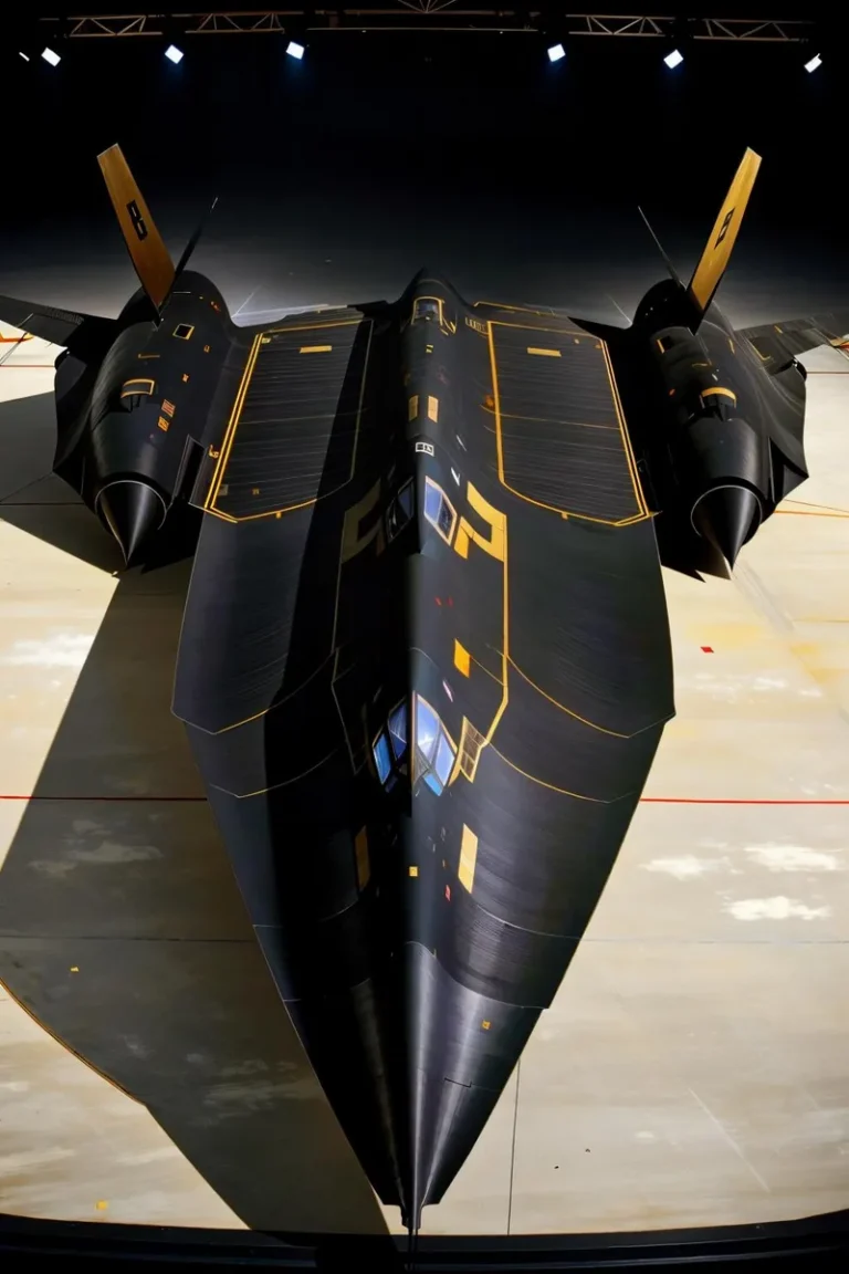 A futuristic, black stealth aircraft with yellow accents parked in a dimly lit hangar. This is an AI-generated image using Stable Diffusion.