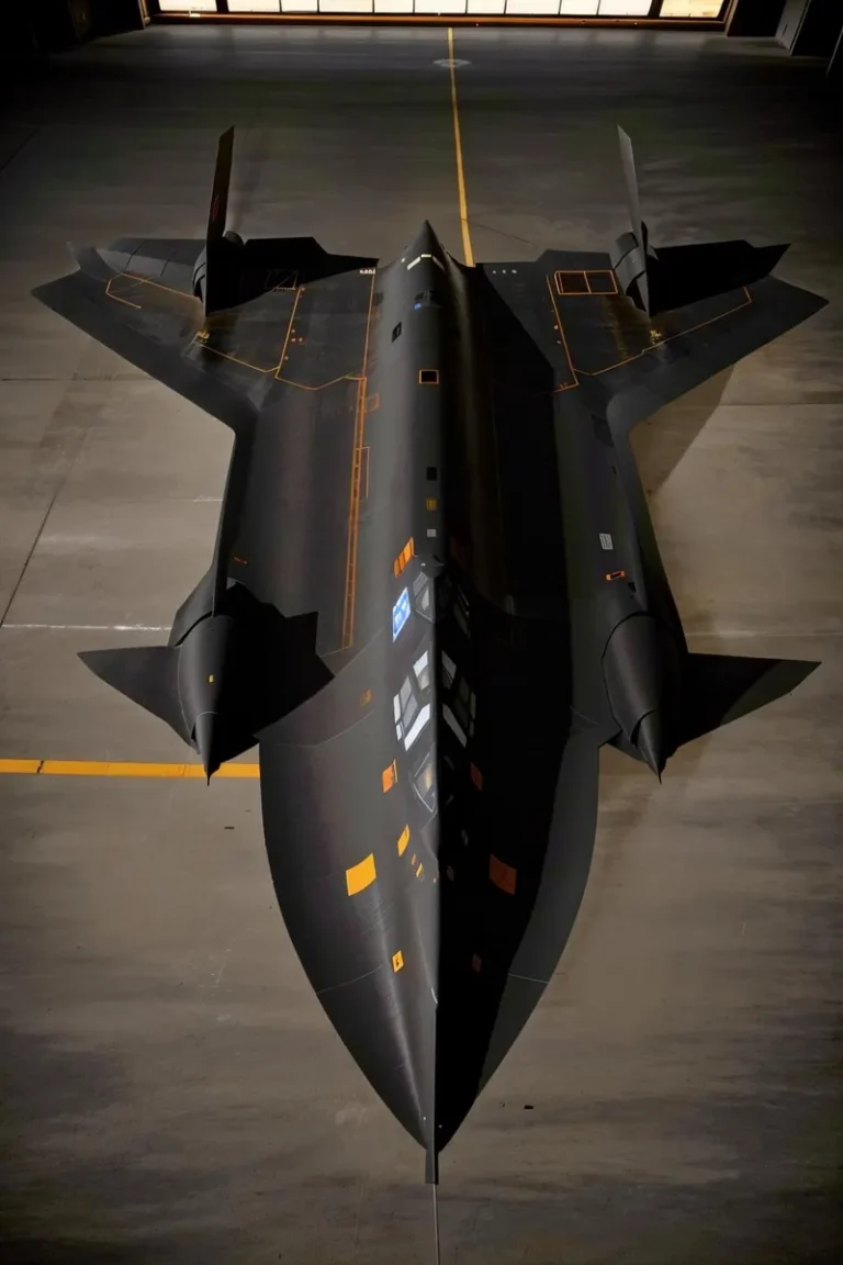 Top-down view of a black stealth SR-71 Blackbird aircraft inside a hangar, AI generated using Stable Diffusion.