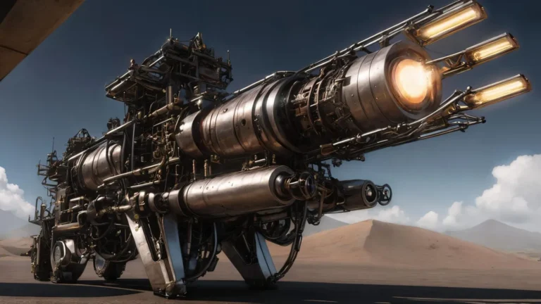 Futuristic steampunk-inspired vehicle with intricate machinery and a powerful frontal engine set against a desert backdrop. AI generated image using Stable Diffusion.