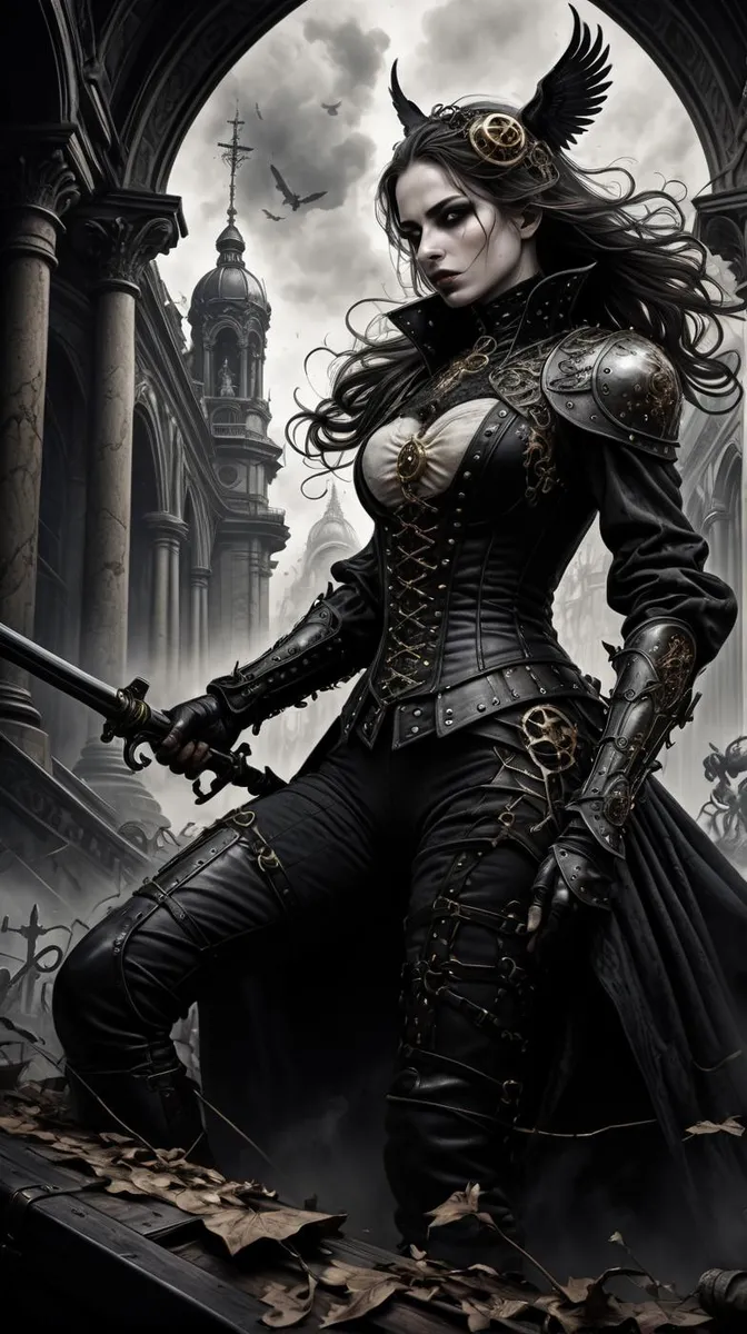A steampunk warrior dressed in intricate black armor amidst a gothic cityscape, generated using Stable Diffusion.