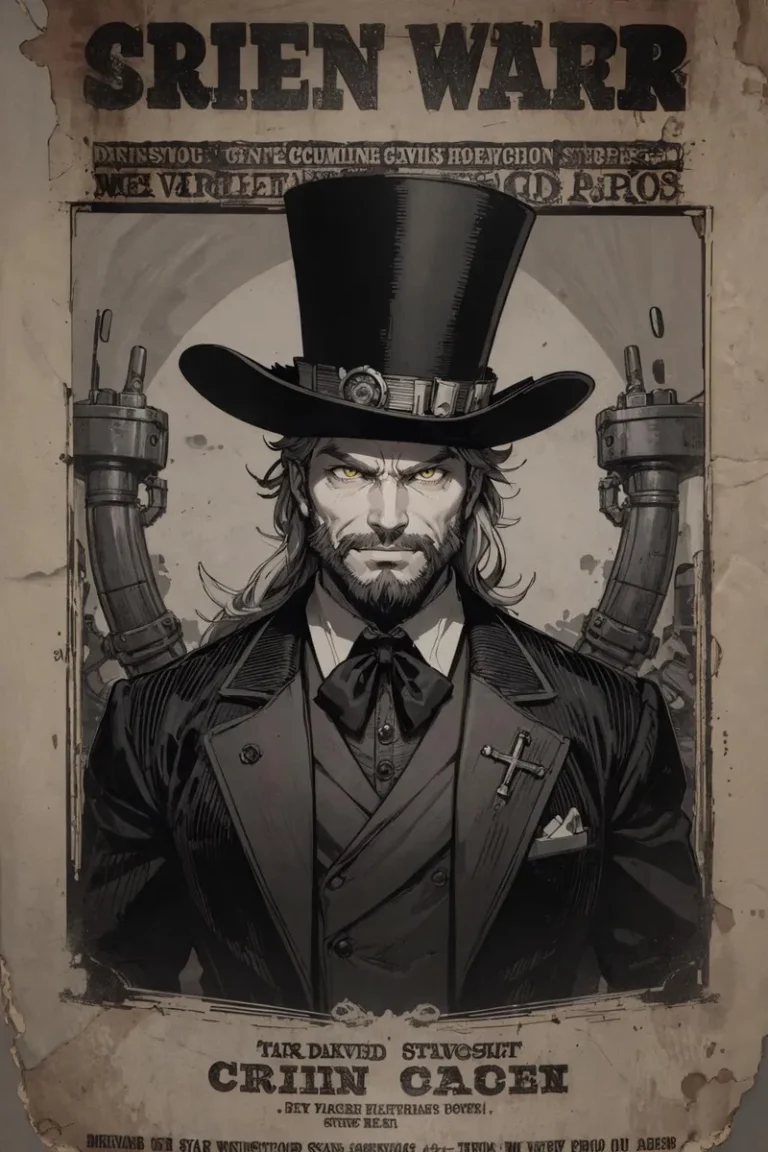 AI generated image using stable diffusion featuring a steampunk character with a rugged long coat and top hat on a vintage wanted poster.