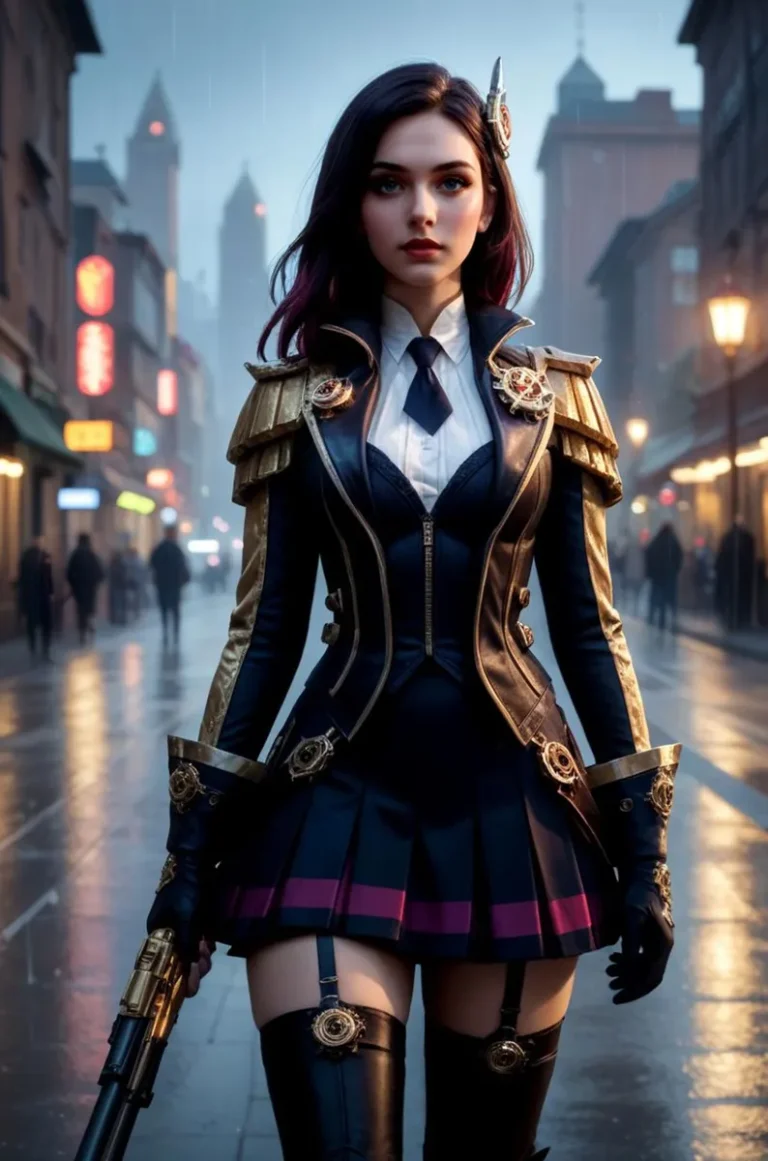 AI generated image using stable diffusion of a steampunk female soldier in a detailed costume with gold and navy elements, set in a rainy urban street.