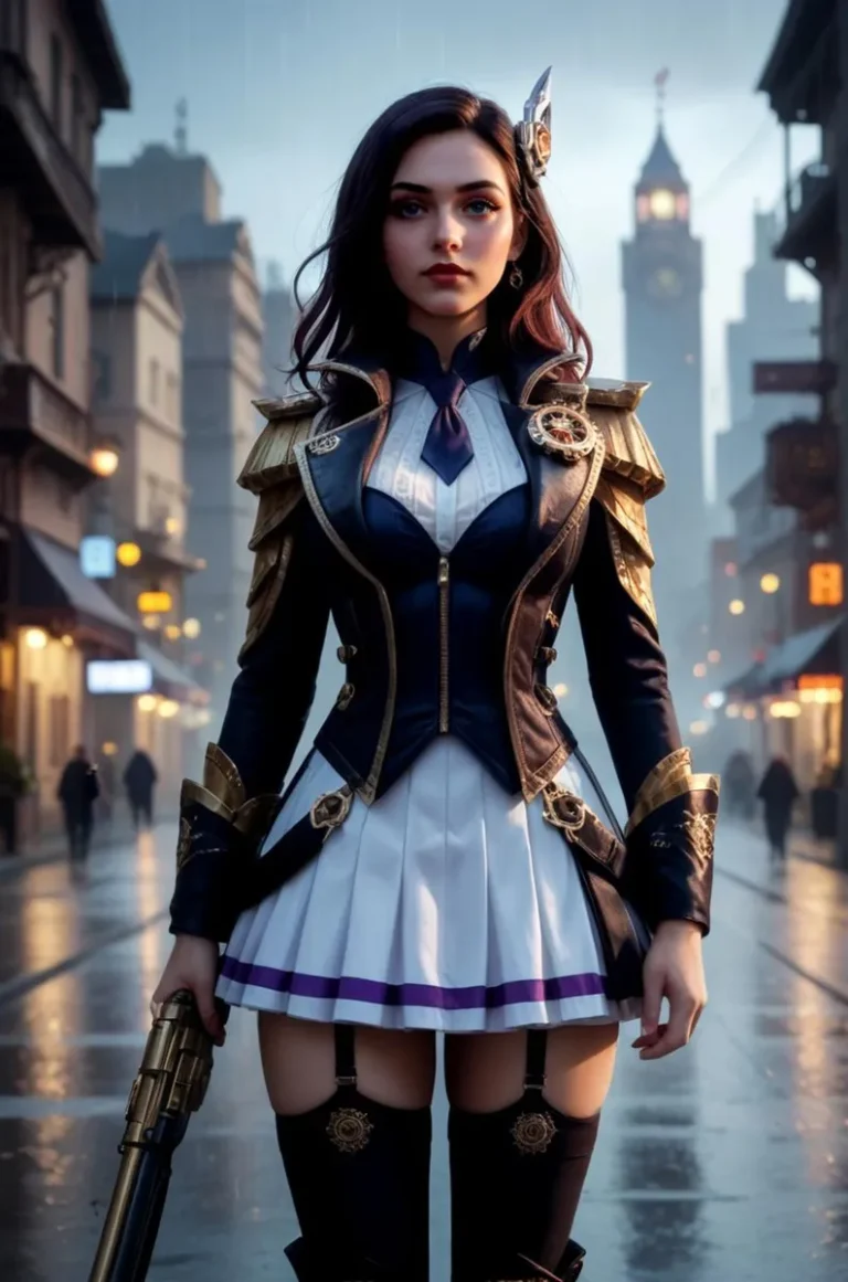 A steampunk female warrior standing in a Victorian-era street scene, created using Stable Diffusion AI.