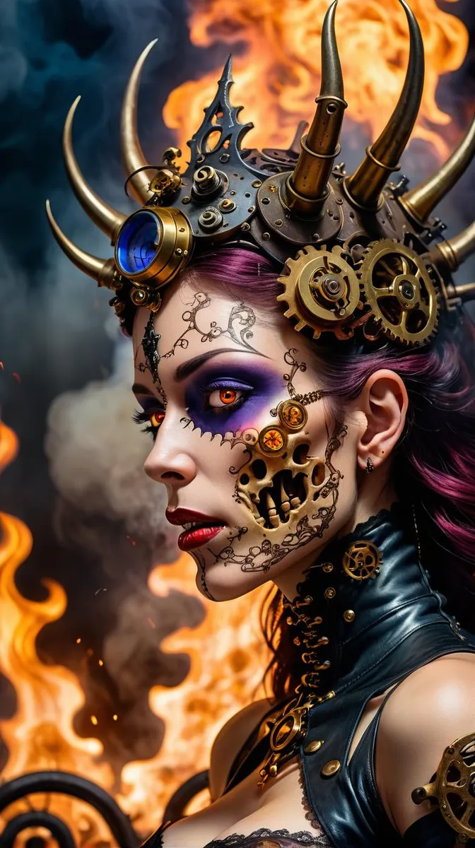 A vibrant steampunk woman with mechanical gear face paint, a horned crown, and fiery background generated using stable diffusion.