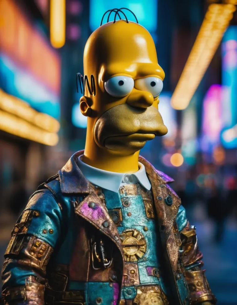 AI generated image using Stable Diffusion of Homer Simpson in a steampunk outfit with a futuristic cityscape background.