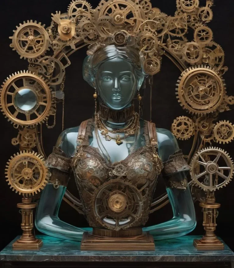 Intricate steampunk statue of a mechanical woman adorned with gears and cogs, created using Stable Diffusion.