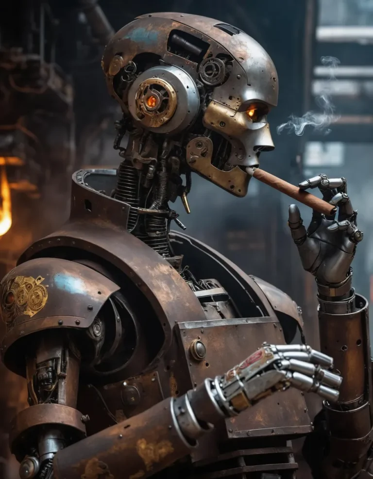 A detailed steampunk robot with gears and mechanical parts smoking a cigar in a workshop setting. Created using Stable Diffusion.