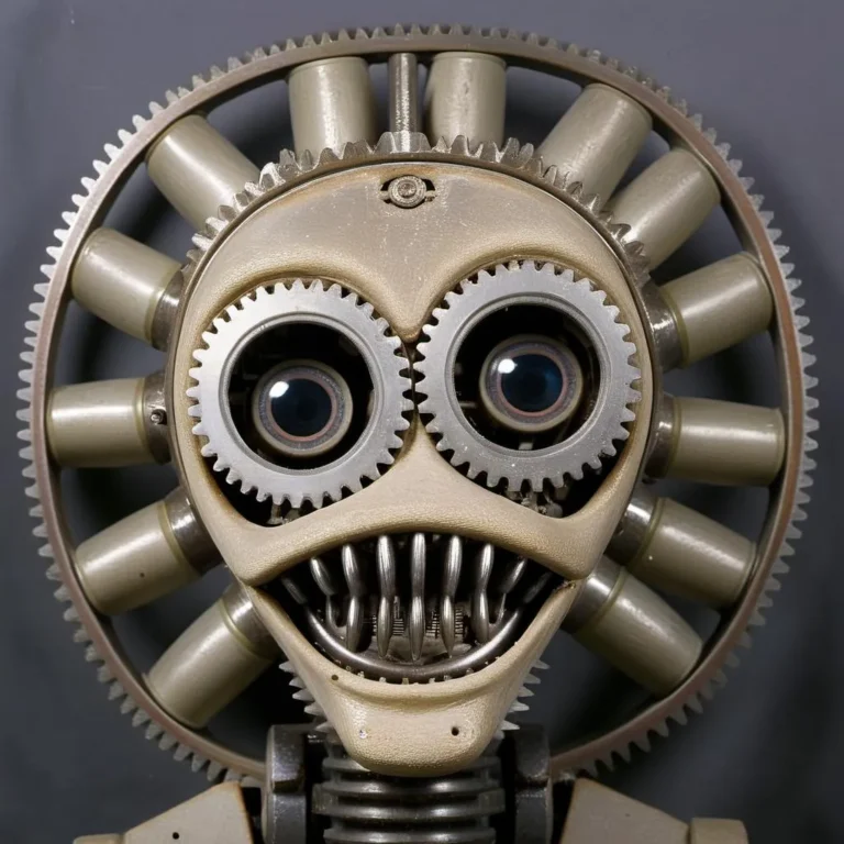 A close-up of an AI generated steampunk robot with a face made of gears, created using Stable Diffusion.