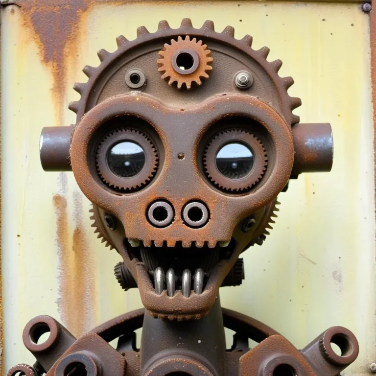 A steampunk sculpture resembling a robotic face with various metallic gears and bolts. AI generated image using stable diffusion.