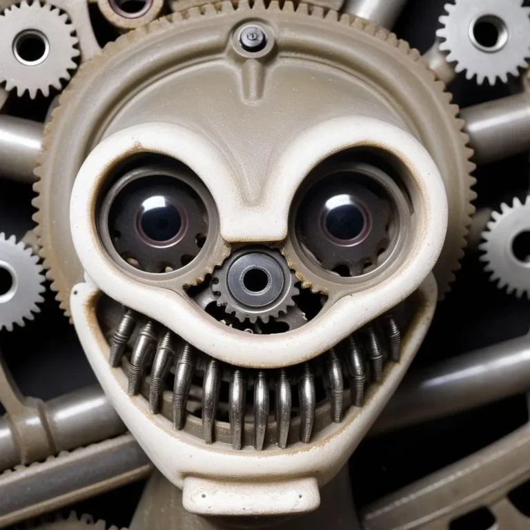 Close-up of a steampunk robot face with a mechanical smile, featuring various gears and metallic components. This is an AI generated image using stable diffusion.