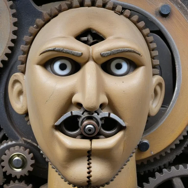 Detailed close-up of an AI generated steampunk robot face, featuring intricate gears and metallic components, created using Stable Diffusion.