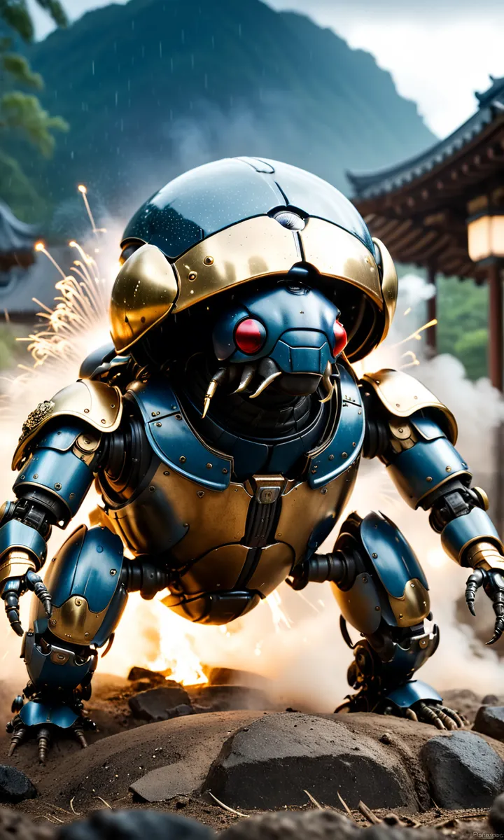 A steampunk samurai robot stands amidst explosions and smoke, with detailed metallic armor, set against an East Asian architectural backdrop under a mountainous landscape.