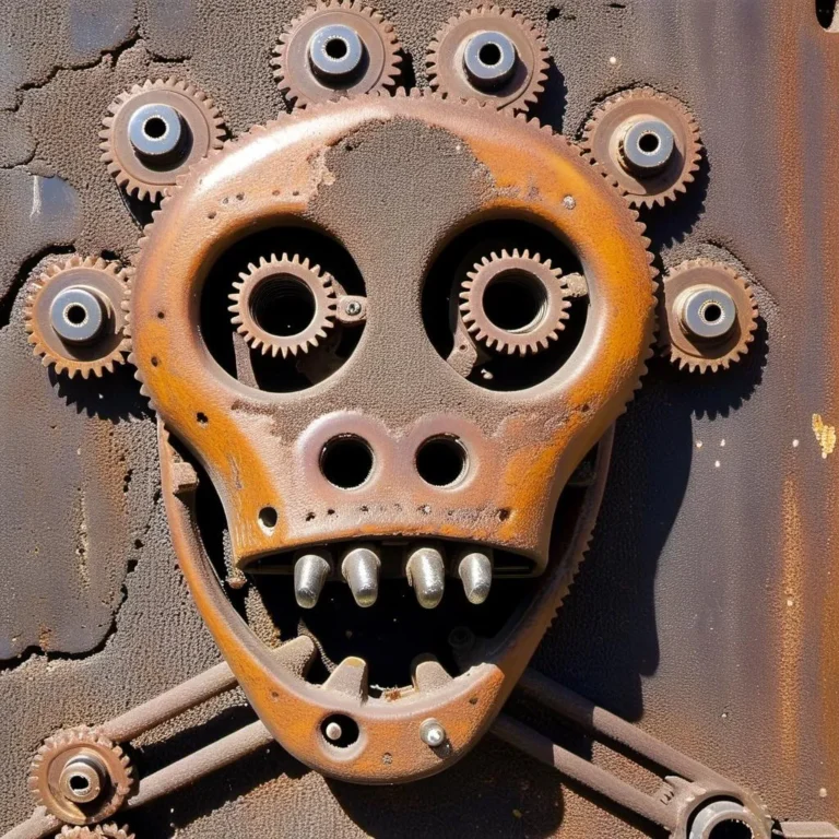A detailed steampunk-style skull crafted from rusty metal gears and mechanical components, generating a whimsical yet eerie appearance using stable diffusion.