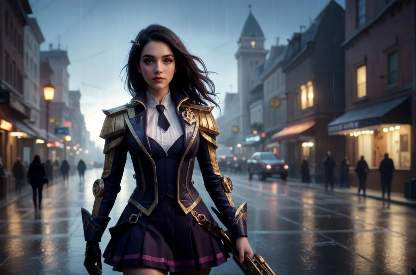 AI-generated image using Stable Diffusion of a steampunk warrior in detailed armor and holding a weapon, set against a backdrop of a rainy, lamp-lit fantasy city street at dusk with blurred buildings and pedestrians.