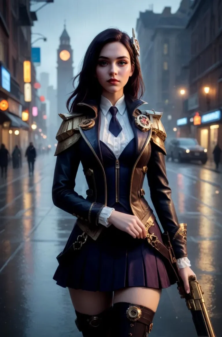 A steampunk warrior female character in a cityscape, generated using AI with stable diffusion.
