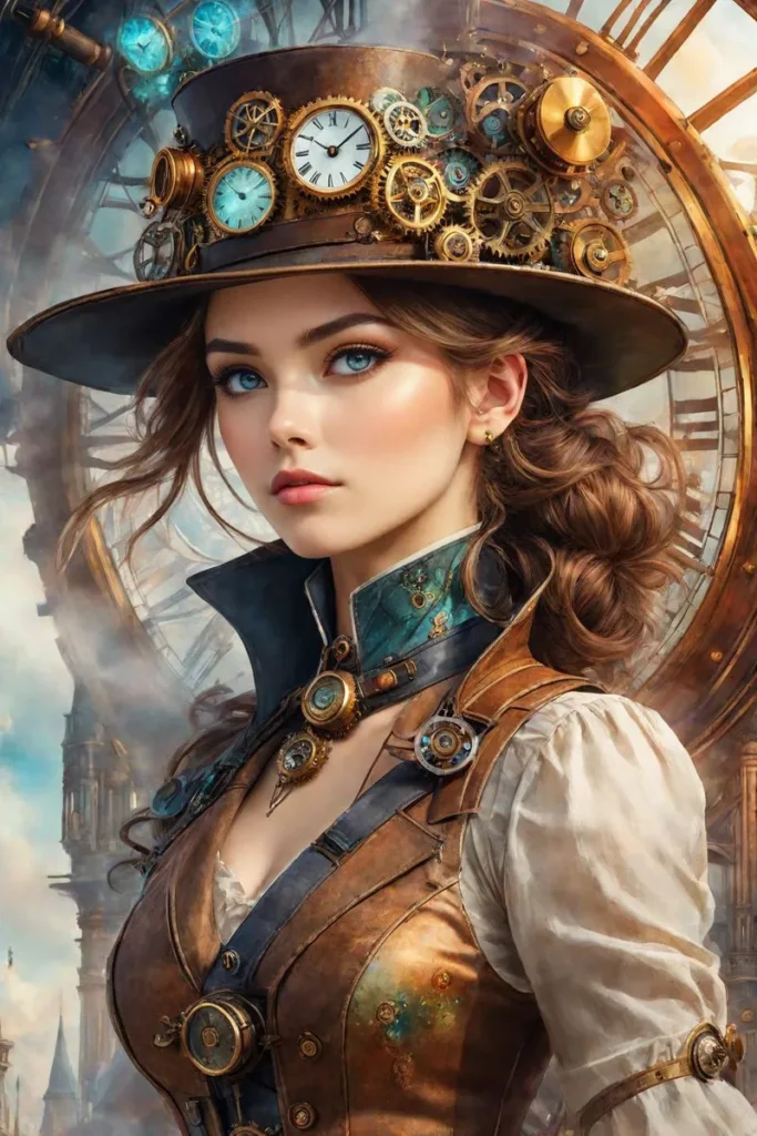 A detailed steampunk woman adventurer equipped with gears, clocks, and mechanical hat, created using Stable Diffusion.