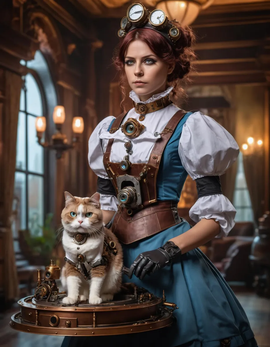 An AI generated image using stable diffusion, featuring a steampunk woman in a richly detailed old-world room, wearing intricate steampunk attire with goggles and mechanical gadgets, accompanied by a cat dressed in matching steampunk gear.