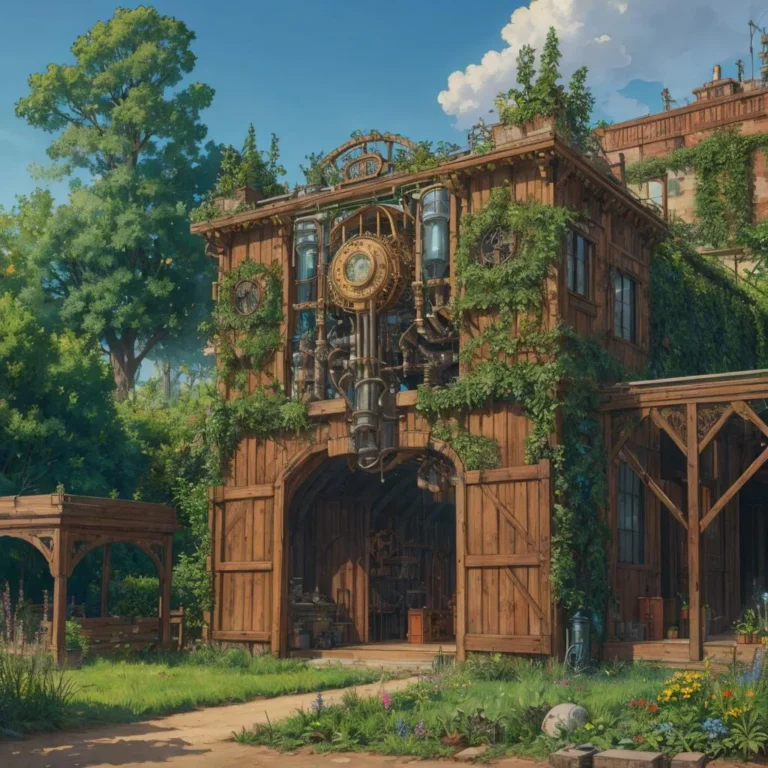 A steampunk rustic workshop with intricate machinery on its exterior, created using stable diffusion AI.