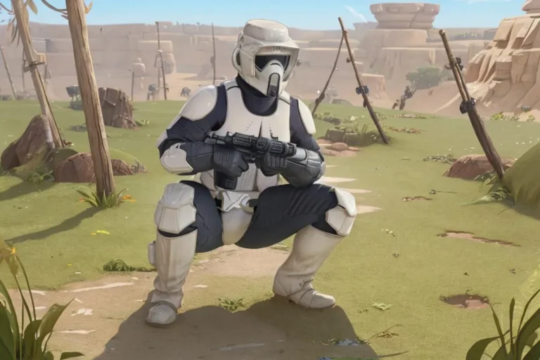 AI generated image using Stable Diffusion of a stormtrooper in a desert landscape, kneeling with a futuristic weapon.
