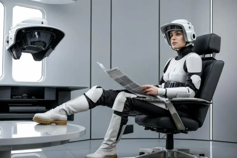A futuristic stormtrooper in a white and black suits and helmet sits in a modern chair reading a newspaper in a sleek, gray room. This is an AI generated image using Stable Diffusion.