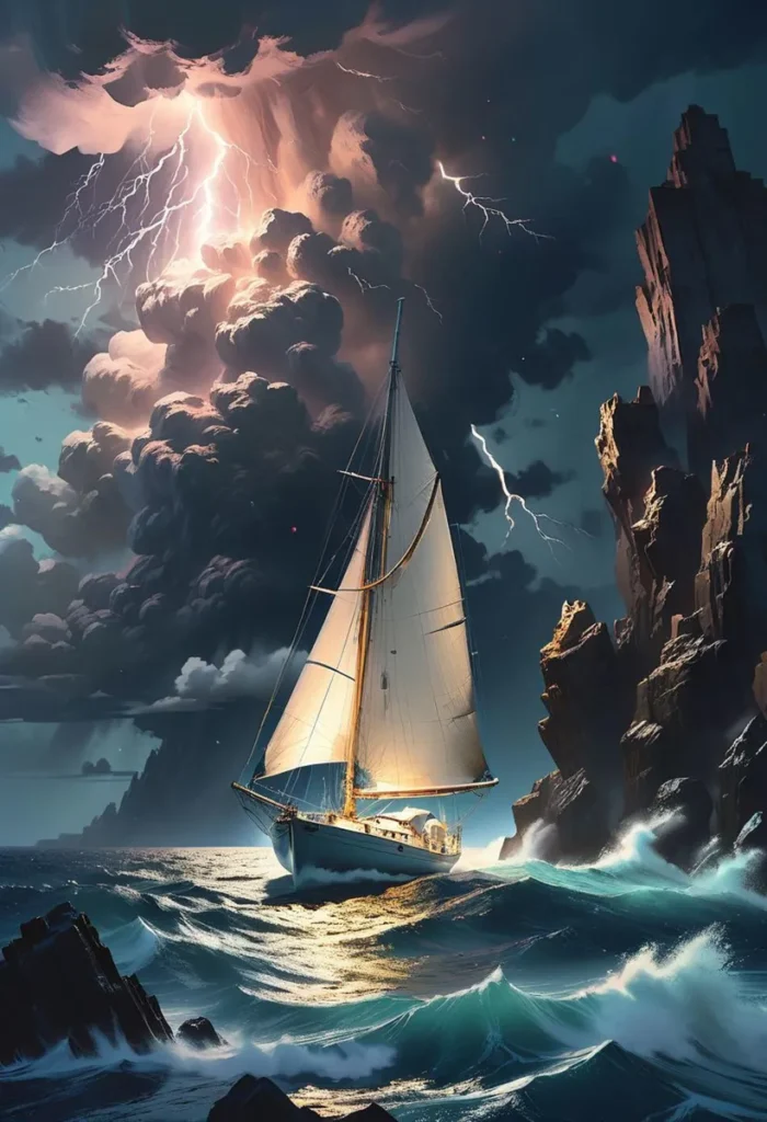 An AI generated image using stable diffusion showcasing a sailing ship navigating a stormy sea with dramatic lightning splitting the sky and towering rocky cliffs on the sides.