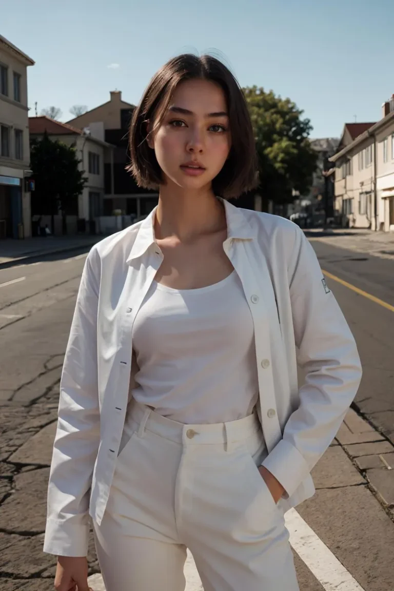 Street portrait of a woman in a white outfit. AI generated image using Stable Diffusion.