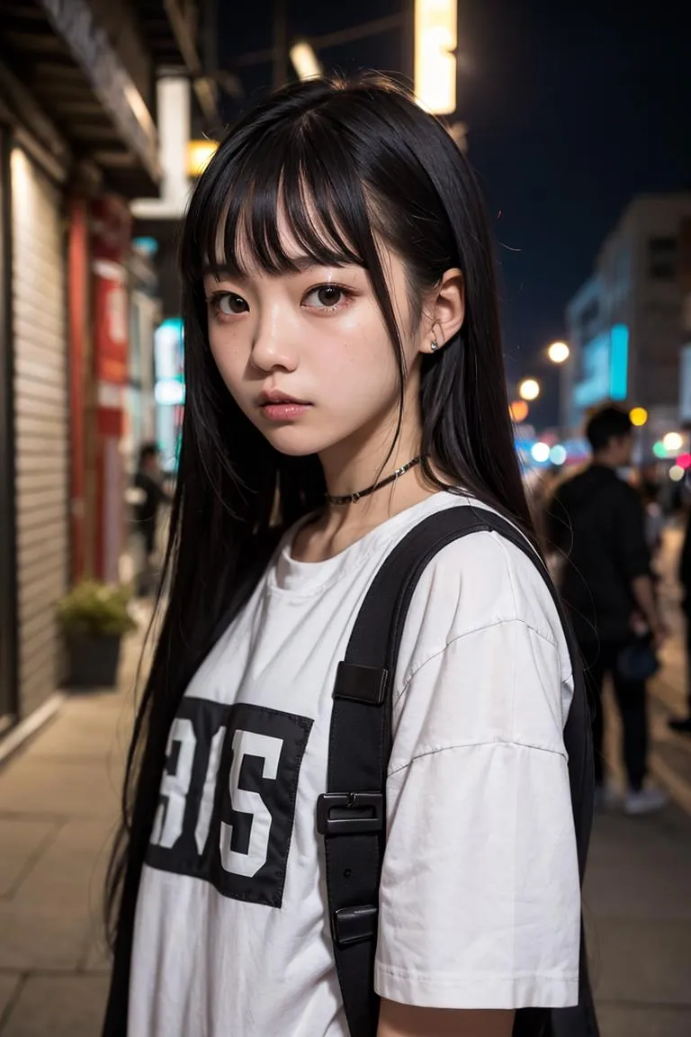 Young woman with long black hair, wearing a white T-shirt and black backpack, standing on an urban street at night. AI generated image using stable diffusion.