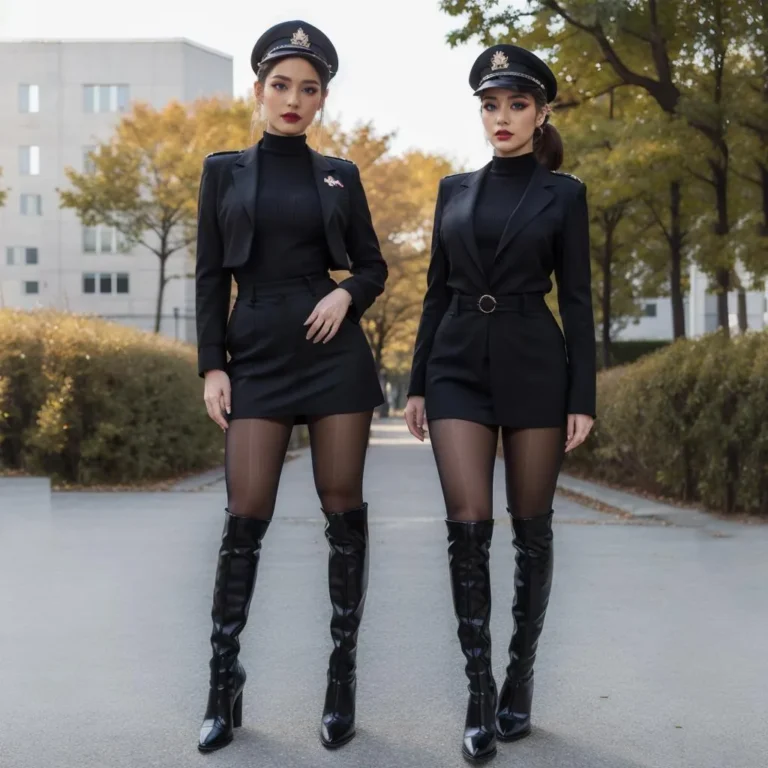 Stylish twin women in matching black outfits and thigh-high boots, AI generated image using stable diffusion.