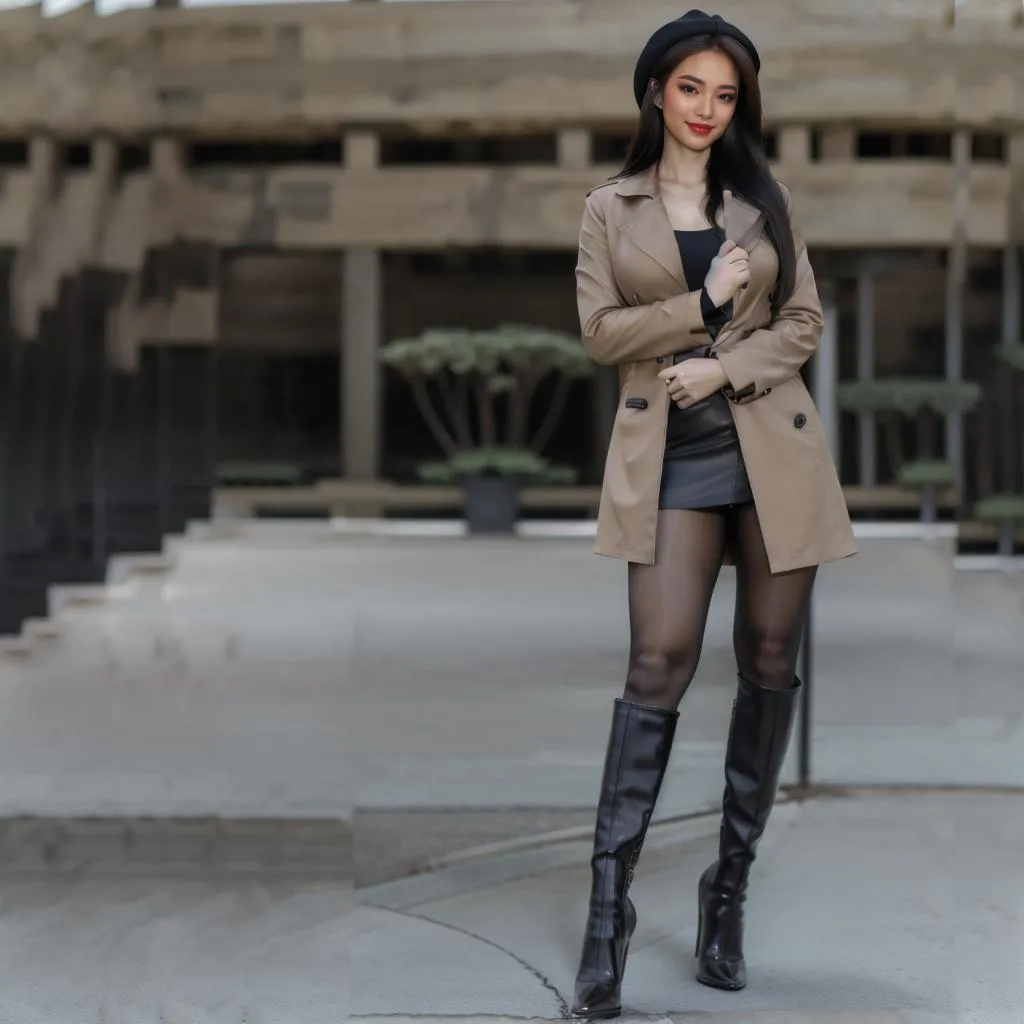 Stylish woman in a beige trench coat, black boots, and beret in an urban setting. AI generated image using stable diffusion.