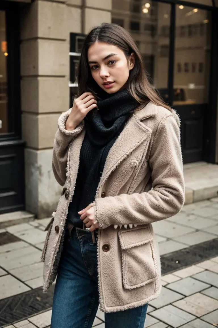 Stylish woman with brown hair wearing a beige shearling coat over a black turtleneck sweater and blue jeans in an urban setting, AI generated image using stable diffusion.
