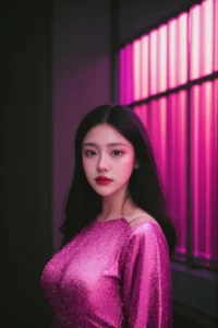 An AI generated image using Stable Diffusion of a stylish woman with dark hair and vibrant pink lighting.