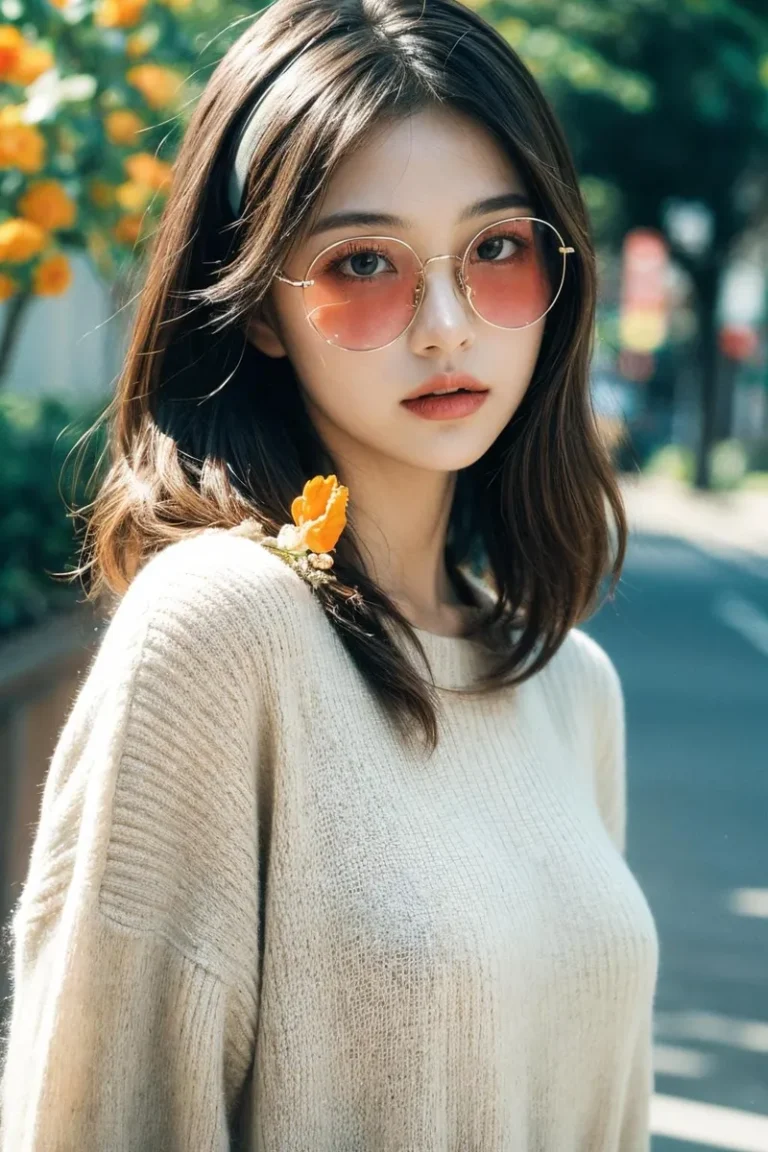 A young woman with brown hair wearing round pink sunglasses and a white sweater, standing outdoors near yellow flowers. The image is AI generated using Stable Diffusion.