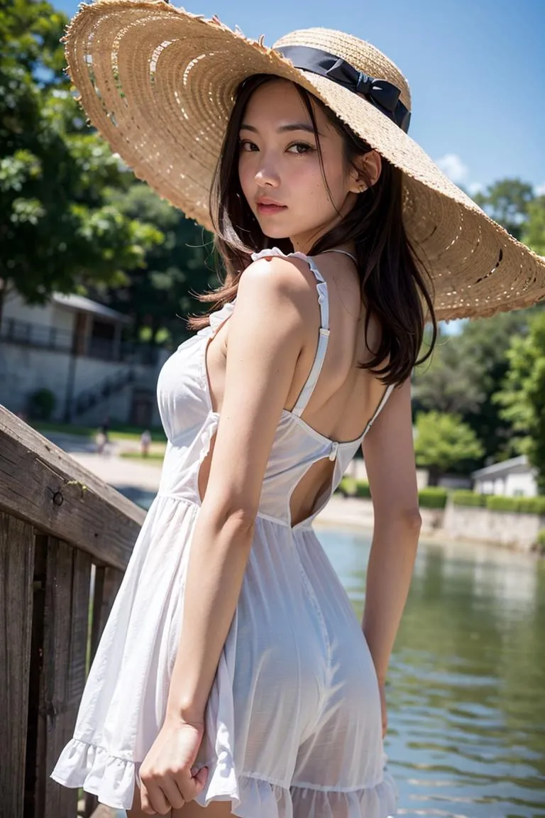 A woman standing near a water body, wearing a light white summer dress and a large sun hat. The setting is sunny with greenery around. This is an AI generated image using Stable Diffusion.