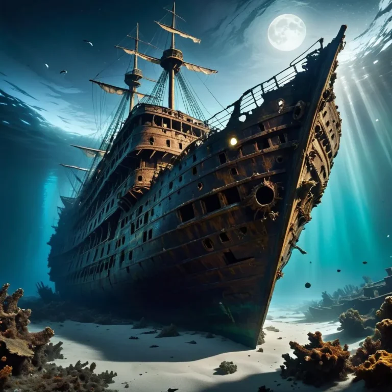 AI generated image using stable diffusion of an old shipwreck resting on a sandy ocean floor, illuminated by moonlight from above.