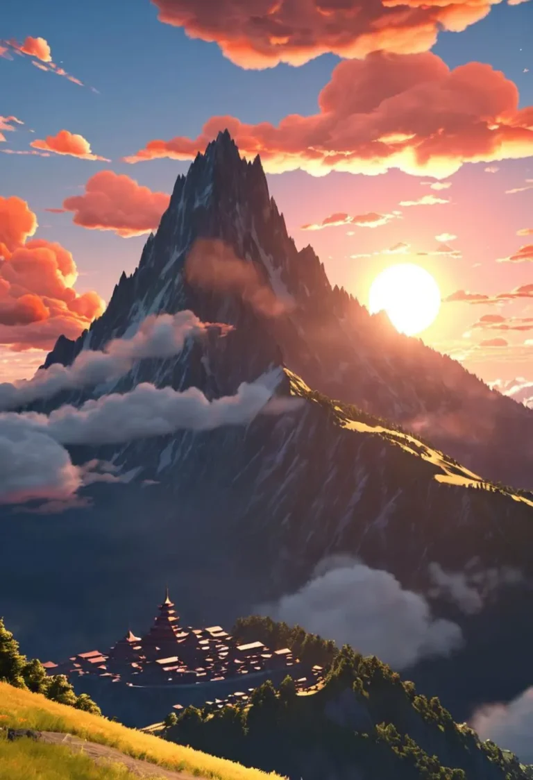 An AI generated image using Stable Diffusion showing a stunning mountain landscape at sunset with a village nestled at its base and vibrant pink clouds in the sky.