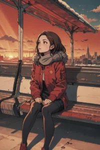 Anime-style girl in a red jacket with fur collar, sitting on a bench under a rustic shelter with an urban landscape and beautiful sunset in the background, generated using Stable Diffusion.