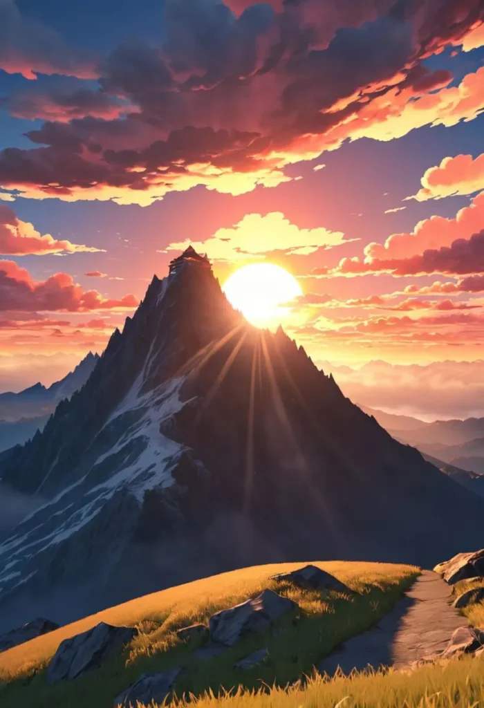 A stunning digital art of a mountain at sunset, generated using stable diffusion AI.