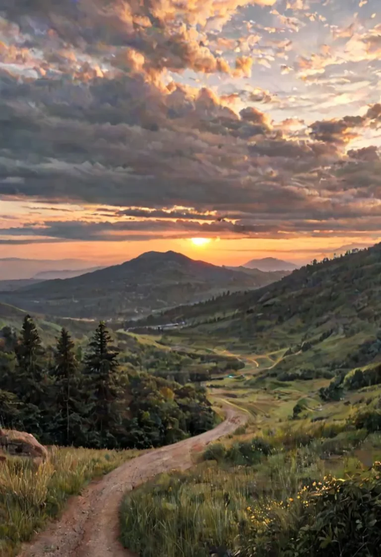 An AI generated image using stable diffusion illustrating a picturesque sunset over a mountainous landscape with a winding road and lush greenery.