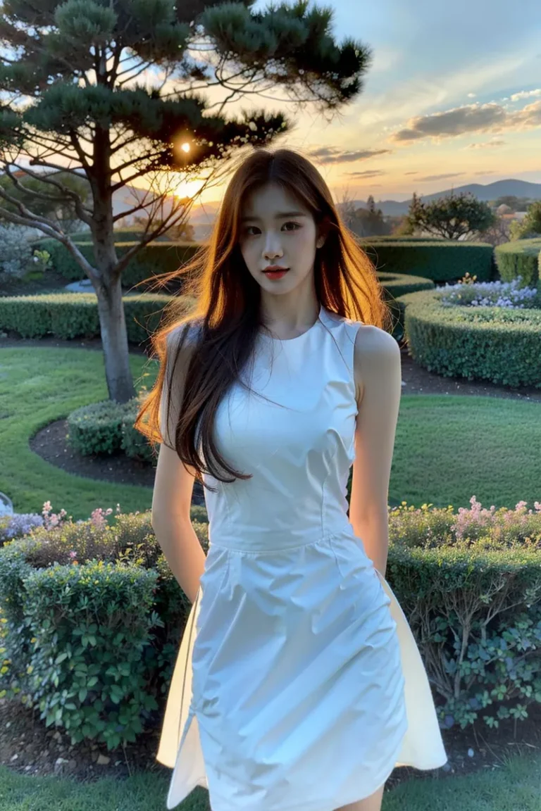 A sunset portrait of a woman with long hair wearing a white dress standing in a garden, AI generated image using Stable Diffusion.