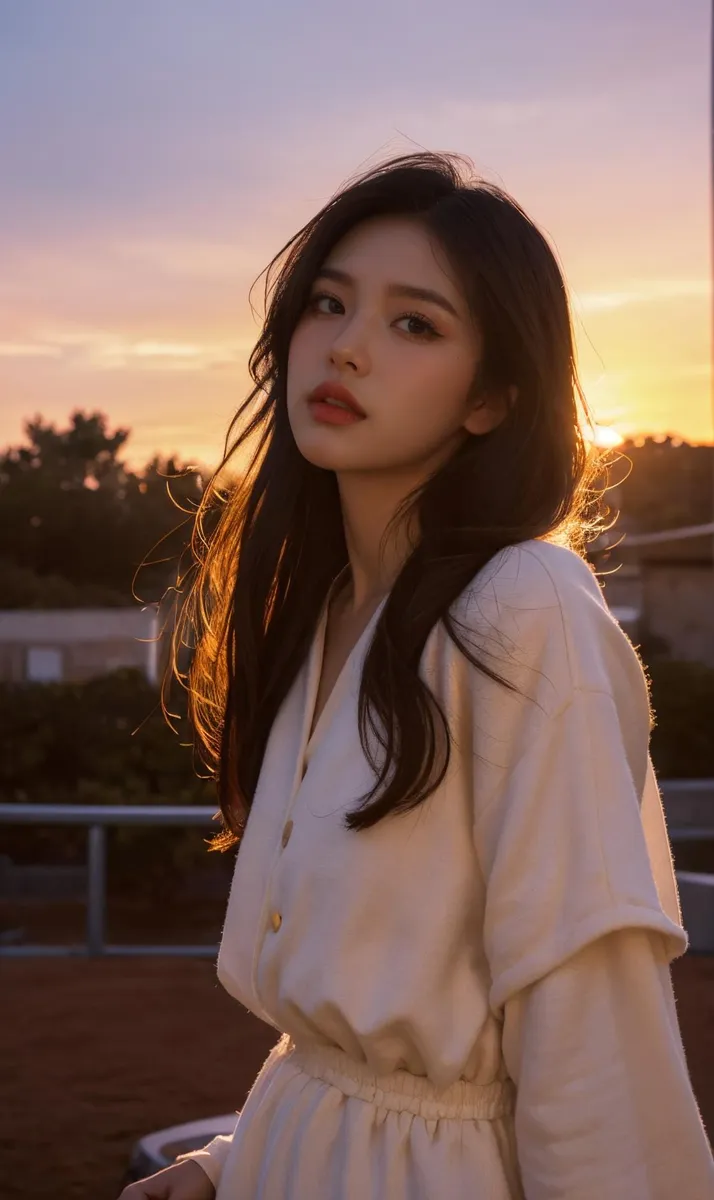 A beautiful woman with long dark hair wearing a white dress, illuminated by the warm colors of a sunset in the background. AI generated image using Stable Diffusion.