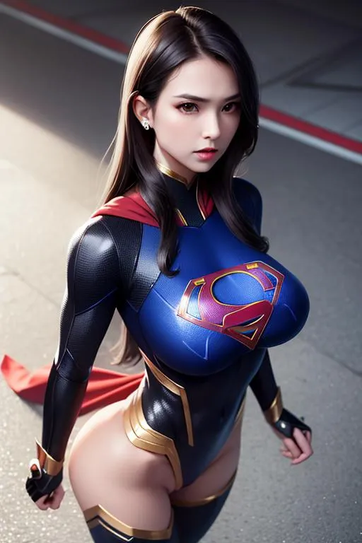 Detailed AI-generated image of a woman in a Supergirl cosplay costume using Stable Diffusion.