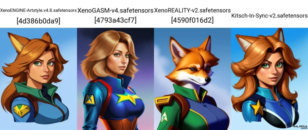 Ai-generated designs of a female superhero and a fox character using stable diffusion.