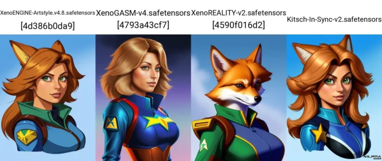 AI-generated designs of a female superhero and a fox character using Stable Diffusion.