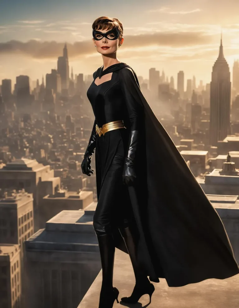A superhero woman standing on a rooftop in Gotham City, dressed in a sleek black costume with a cape and mask, created using Stable Diffusion