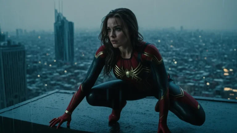 A female superhero in a detailed spider suit kneeling on a high rooftop in a misty city. Created with Stable Diffusion.