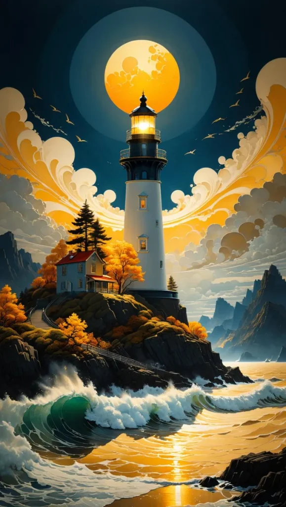 A surreal lighthouse under a bright full moon, created using stable diffusion ai. The image captures artistic waves crashing against the rocks, vibrant autumn trees surrounding the lighthouse, and dramatic clouds with birds flying.