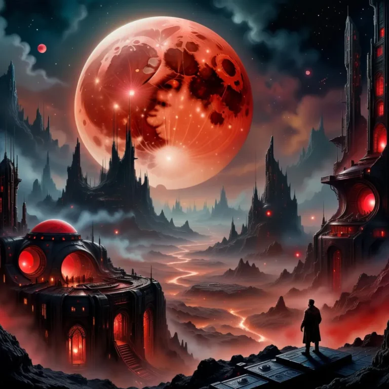 A stunning AI generated image using Stable Diffusion of a surreal alien landscape with a prominent red moon in the sky, surrounded by futuristic architectural structures and a vivid, glowing river.