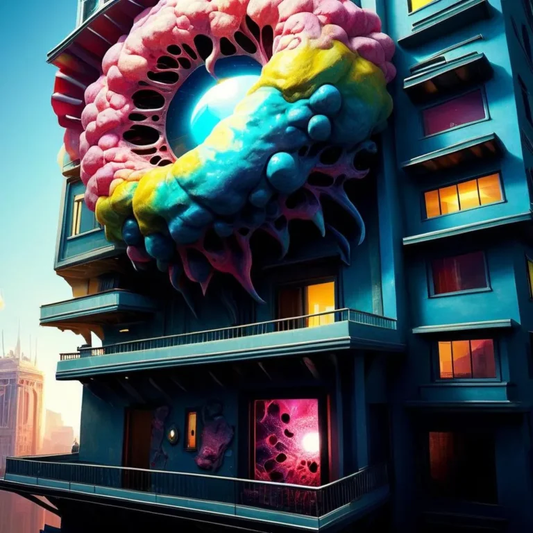 A colorful, surreal sculpture covering the facade of a modern building. This image is AI generated using Stable Diffusion.